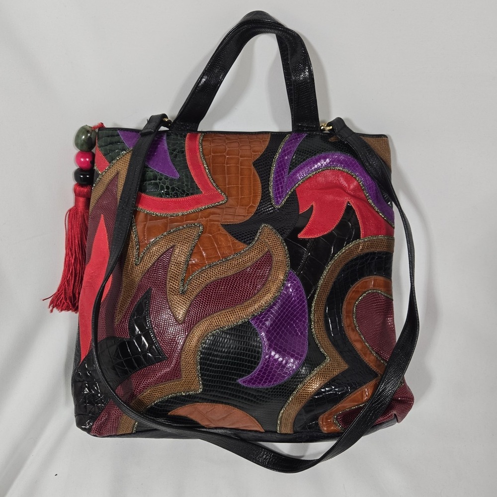 Vintage 80s | Sharif Purse Handbag | Embossed Textured Patchwork Flame Design